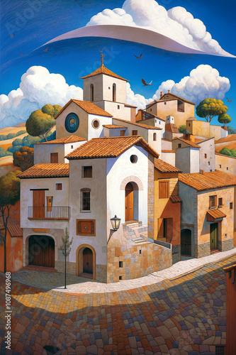 Charming Organic Village with Red tile roofs Under Fluffy Clouds