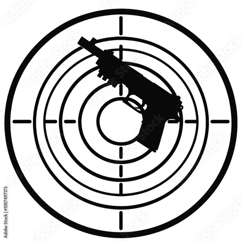 A vector silhouette-style image featuring two overlapping target icons with a pistol centrally integrated