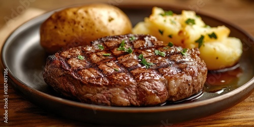 Deliciously cooked rib eye steak presented on a plate, accompanied by a perfectly baked potato and garnished with parsley for an inviting and appetizing display of rib eye steak.