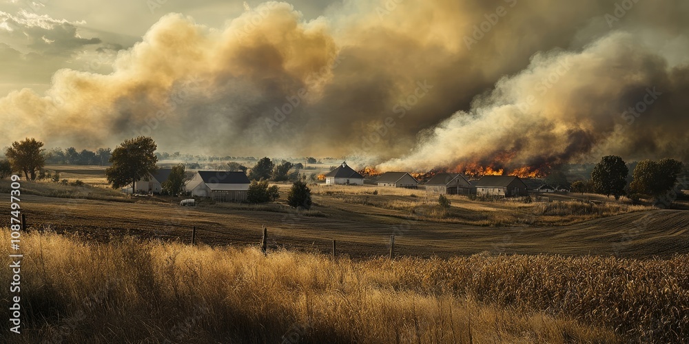 Fototapeta premium Smoke from managed burns ascends above a rural farming community, creating a scene that illustrates the impact of controlled burns on agriculture and the environment in a farming setting.