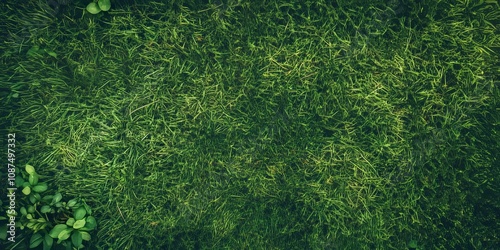 Vibrant green lawn creates a stunning background. The lush green grass texture provides an appealing top view, perfect for enhancing various creative projects with a green aesthetic.