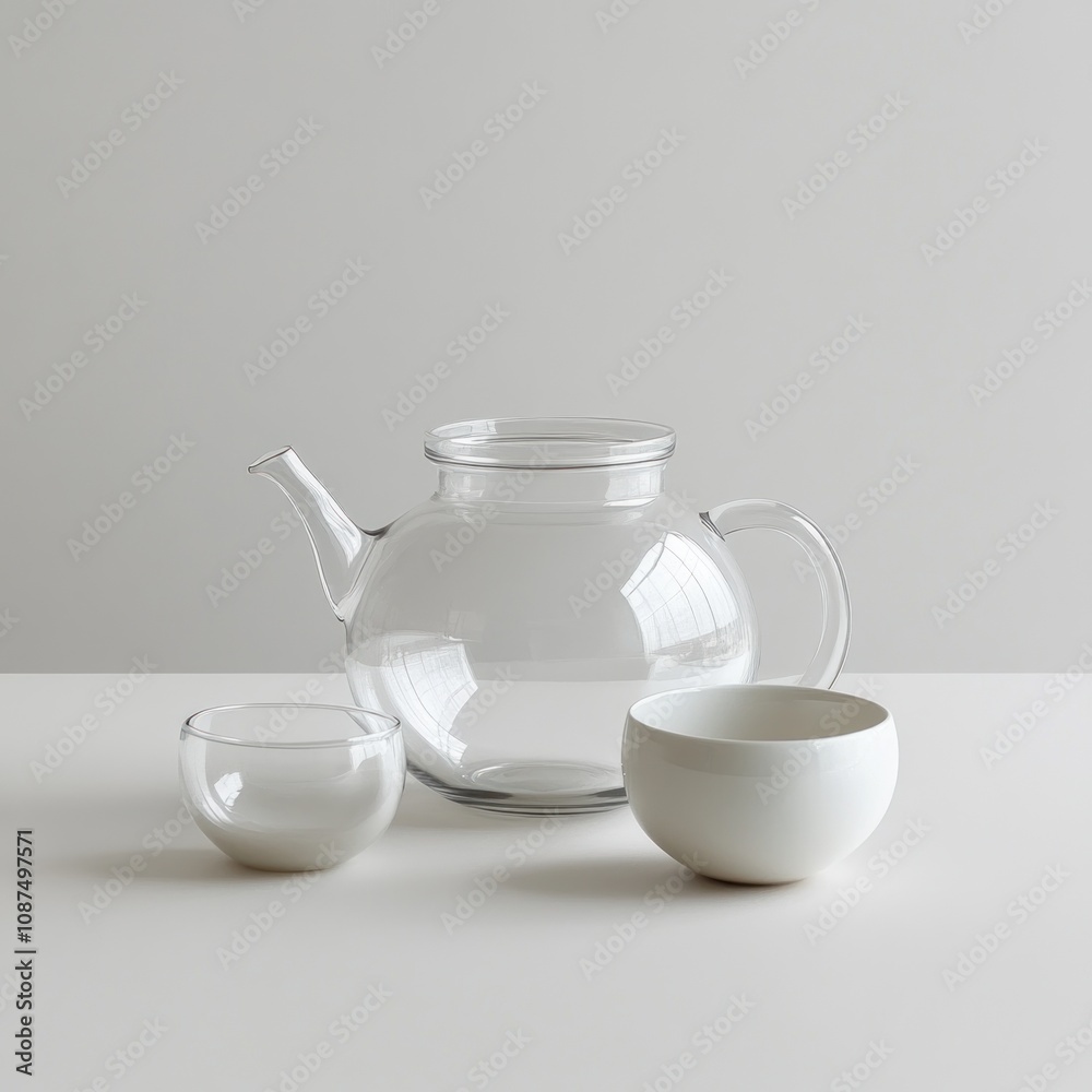 A clear glass teapot with two bowls, one glass and one ceramic, arranged on a minimalist surface. A clear glass teapot with two bowls, one glass and one ceramic, arranged on a minimalist surface.