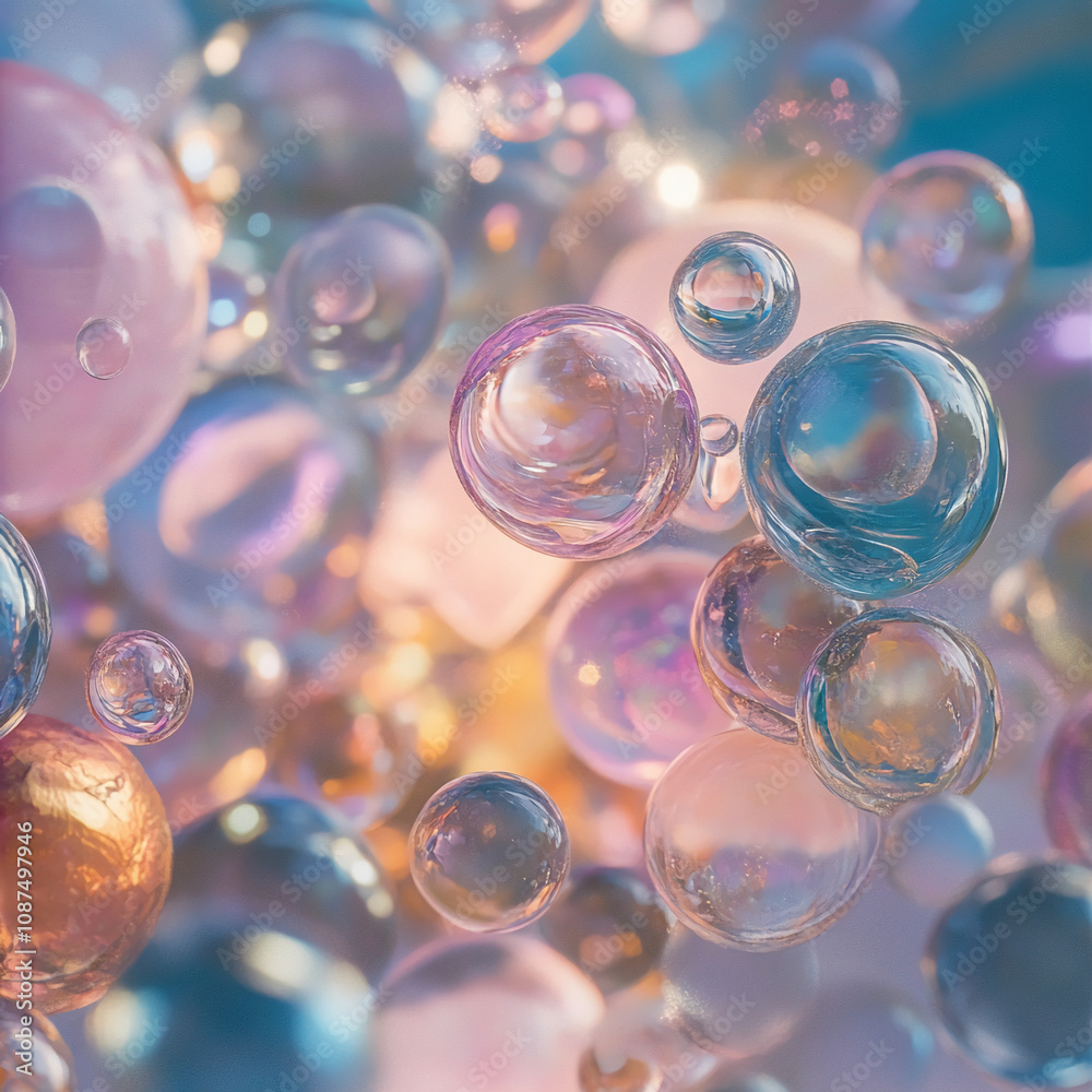 Many translucent bubbles in various sizes and pastel shades drift freely Many translucent bubbles in various sizes and pastel shades drift freely