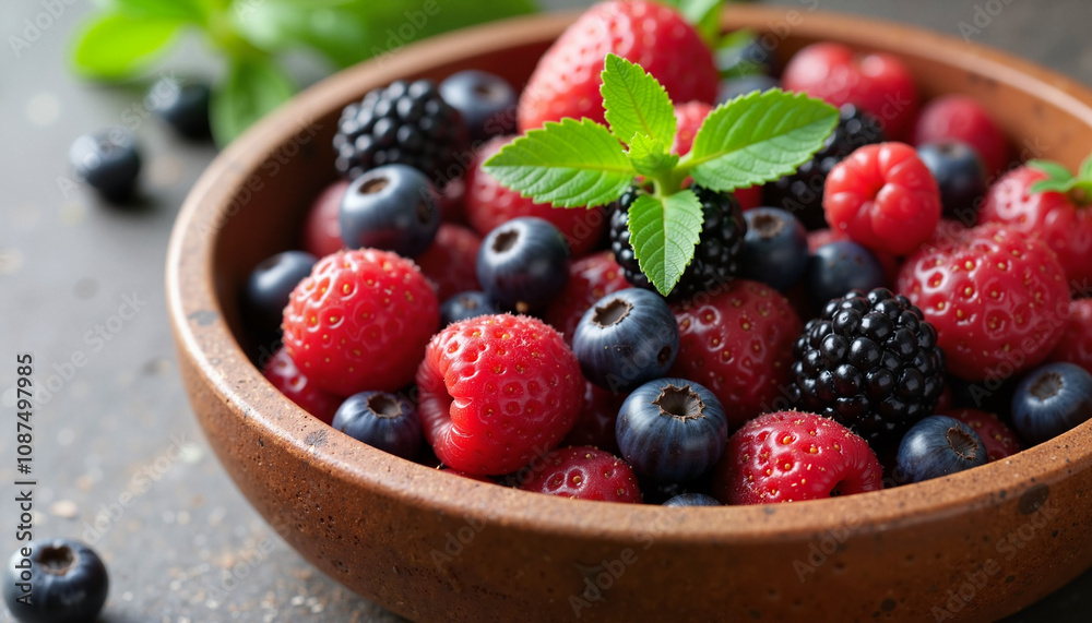 Bowl of fresh mixed berries, vibrant mood, healthy snack, natural greenery background Bowl of fresh mixed berries, vibrant mood, healthy snack, natural greenery background