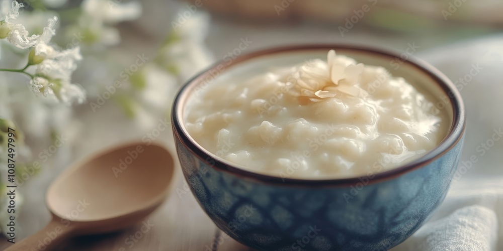 Close up of baby food featuring porridge designed for newborns. This baby food showcases a creamy milk mixture and offers an appealing food texture suitable for children. Close up of baby food featuring porridge designed for newborns. This baby food showcases a creamy milk mixture and offers an appealing food texture suitable for children.