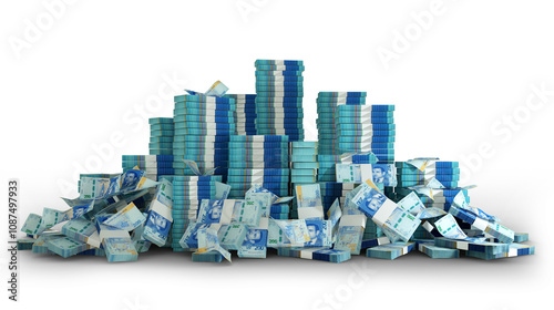 Big stacks of Morroco Dirham notes. A lot of money isolated on transparent background. Morocco dirham, heap of money, 3d rendering of bundles of cash 