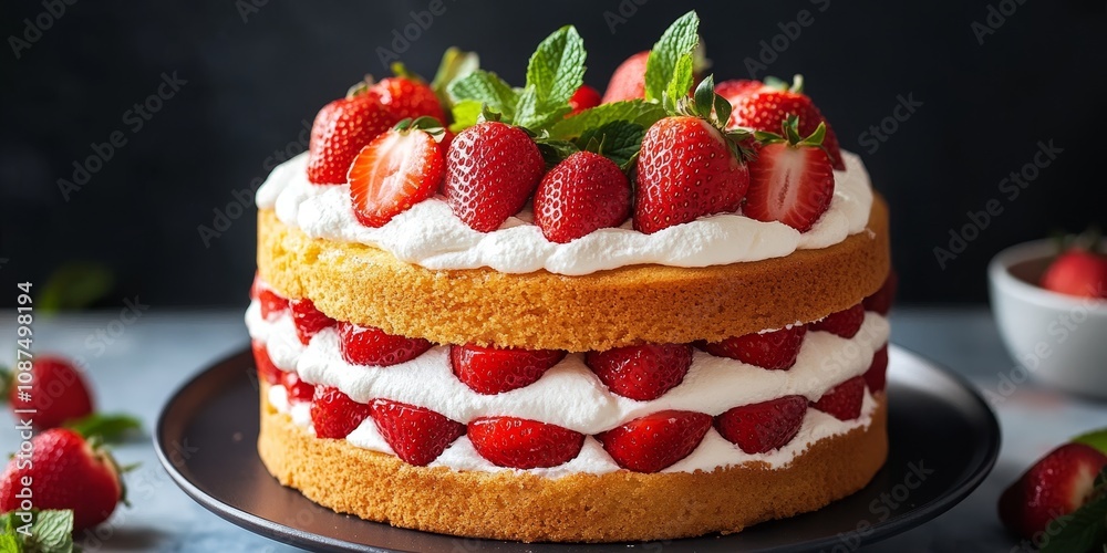 Delight in a homemade strawberry cake featuring fresh strawberries and mint. This sweet strawberry cake combines a fluffy sponge cake with juicy strawberries for a delicious treat. Delight in a homemade strawberry cake featuring fresh strawberries and mint. This sweet strawberry cake combines a fluffy sponge cake with juicy strawberries for a delicious treat.