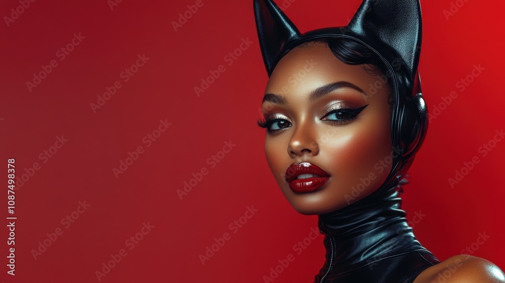 Striking Model in Chic Black Cat-Inspired Fashion on Bold Red Background Striking Model in Chic Black Cat-Inspired Fashion on Bold Red Background