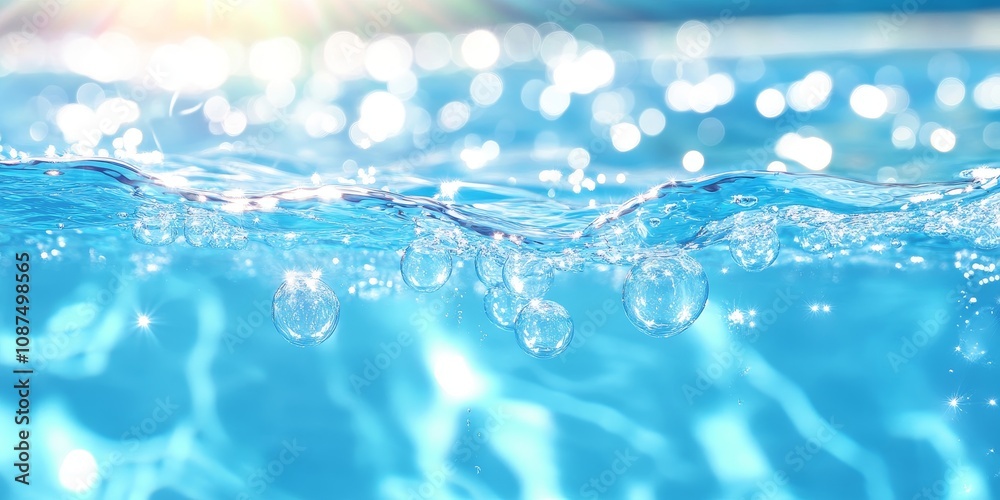 Water and air bubbles create an enchanting scene over a blue background, capturing the essence of sea waves and Bokeh light in the pool, reflecting sunny moments at a hotel swimming pool. Water and air bubbles create an enchanting scene over a blue background, capturing the essence of sea waves and Bokeh light in the pool, reflecting sunny moments at a hotel swimming pool.