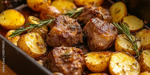 Homemade roasted goatling with potatoes is a delicious dish. This roasted goatling dish offers a savory flavor that s perfect for any meal, showcasing the delight of roasted goatling in every bite. photo
