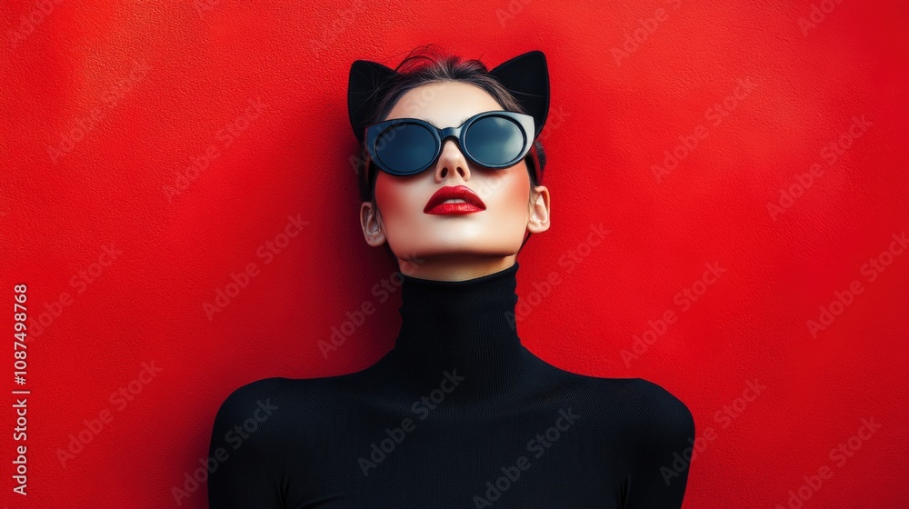 Chic Woman in Cat Ears Sunglasses Against Bold Red Background Chic Woman in Cat Ears Sunglasses Against Bold Red Background