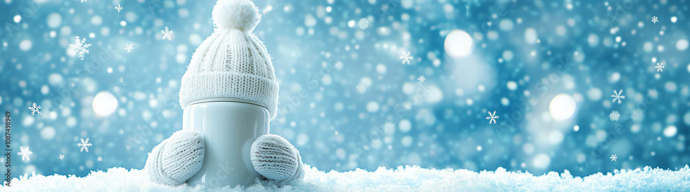 White bottle of nasal drops wrapped in a hat and scarf on a blue background with snowflakes with space for text White bottle of nasal drops wrapped in a hat and scarf on a blue background with snowflakes with space for text