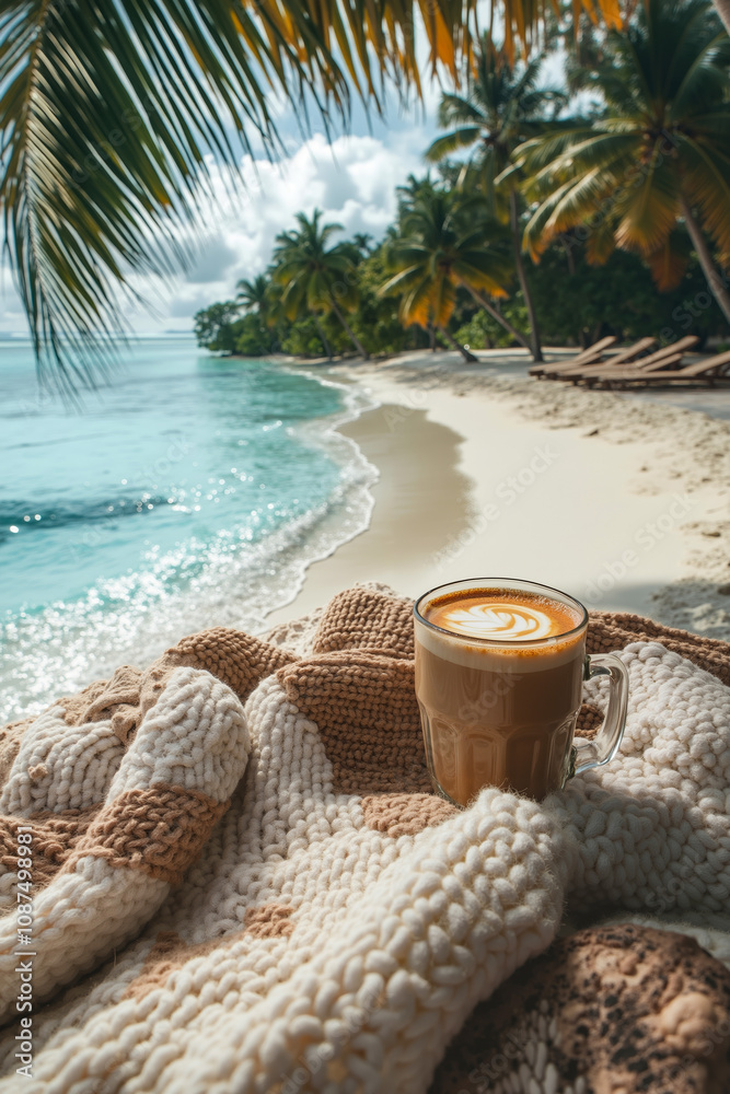 A cup of coffee sitting on top of a blanket on a beach A cup of coffee sitting on top of a blanket on a beach