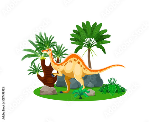 Deinocheirus prehistoric dinosaur character. Isolated cartoon vector omnivore animal stands near the large rock surrounded by palm trees. Genus of large theropod dino from the late cretaceous period