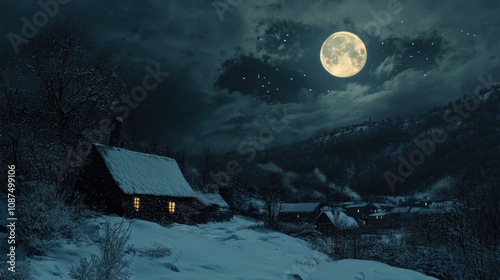 Illustration of a snowy village under a full moon night sky