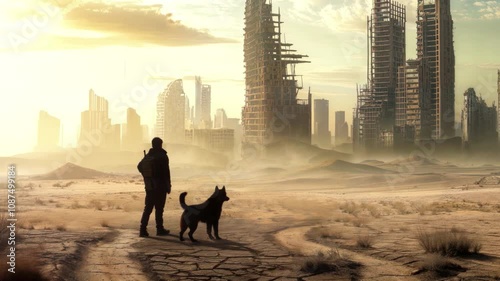 Man and his dog in desolate post-apocalyptic city with mix of buildings and skyscrapers in various states of destruction surrounded by barren and arid environment.