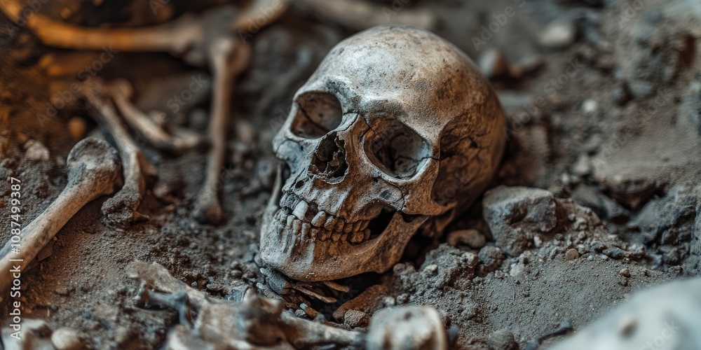 Skeleton and human bones discovered during archaeological excavation of a graveyard highlight historical contexts of burial practices and human remains in a fascinating way.