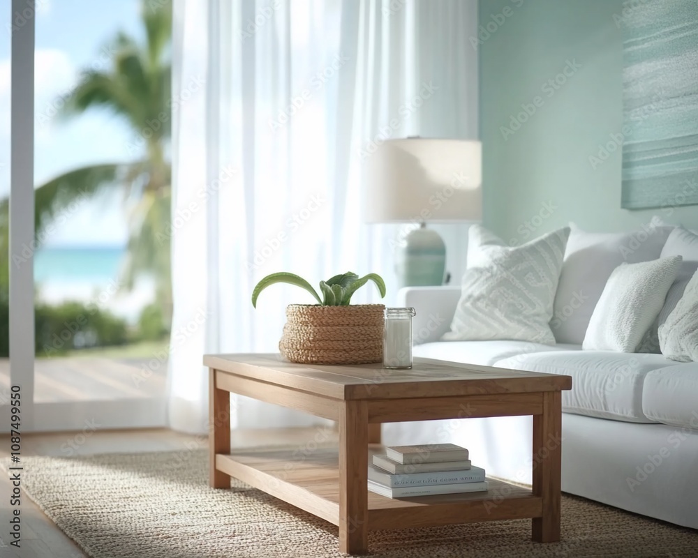 Fototapeta premium Themed Living Room with Soft Neutral Tones, Coastal Decor, and Ocean Vibes