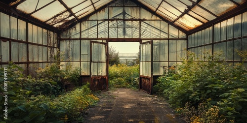 Semi abandoned greenhouse featuring rusty metal window frames, showcasing the intriguing beauty of decay in glass structures. The greenhouse s semi abandoned state adds to its unique charm.