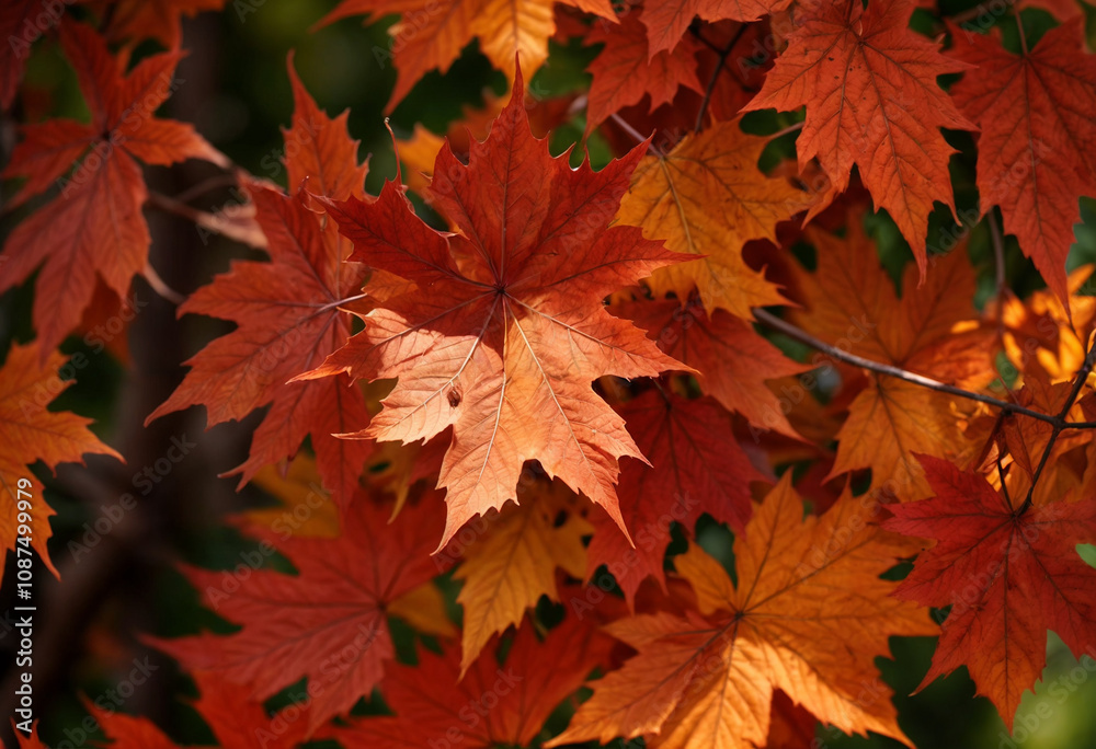a close-up view of a cluster of red and orange maple leaves. The leaves are illuminated by sunlight, creating a vibrant contrast against the blurred background of green foliage - generated by ai a close-up view of a cluster of red and orange maple leaves. The leaves are illuminated by sunlight, creating a vibrant contrast against the blurred background of green foliage - generated by ai