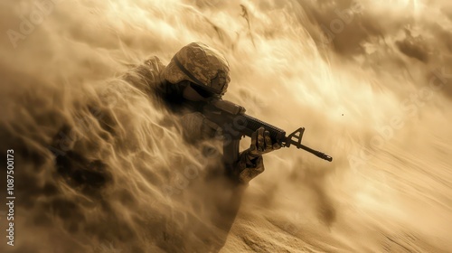 A soldier in camouflage gear with a rifle holds his position in a desert sandstorm. photo