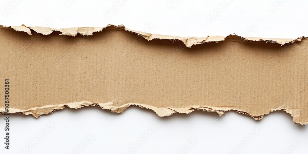 Torn brown corrugated texture paper on a clean white background, showcasing the rip of the cardboard sheet as an interesting design element for backgrounds and textures. Torn brown corrugated texture paper on a clean white background, showcasing the rip of the cardboard sheet as an interesting design element for backgrounds and textures.