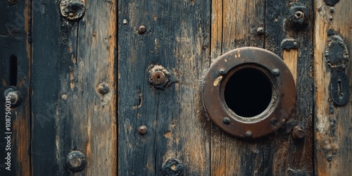 Vintage wooden door with a peephole, featuring unique textures and character. This old wooden door showcases a distinct peephole, making it an intriguing focal point for photography.