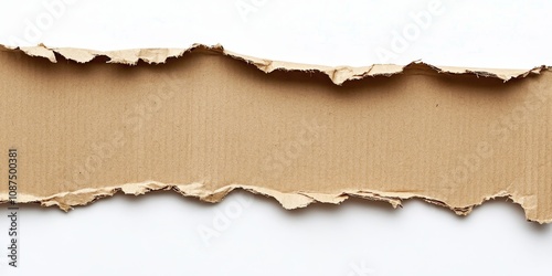 Torn brown corrugated texture paper on a clean white background, showcasing the rip of the cardboard sheet as an interesting design element for backgrounds and textures.