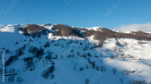 Snowy mountain landscape. Lunada, mountain pass photo