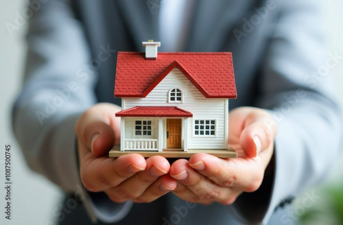 A professional holds a miniature house, emphasizing the importance of home ownership and real estate investment photo