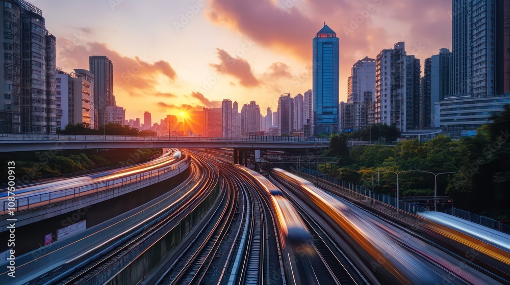 A high-speed train rushes through a bustling city at sunset, creating a blur of motion as it speeds towards the horizon. A high-speed train rushes through a bustling city at sunset, creating a blur of motion as it speeds towards the horizon.