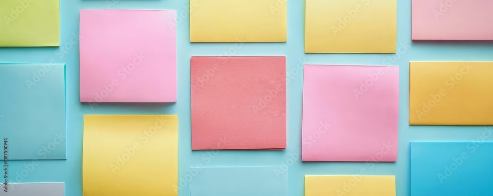 financial and planning budgeting concept. A colorful arrangement of sticky notes in various pastel shades, creating a vibrant, organized pattern on a light blue background.