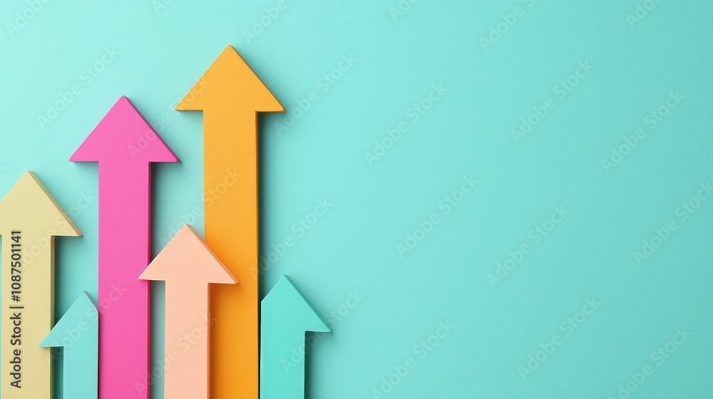 financial and planning budgeting concept. Colorful arrows pointing upward against a teal background, symbolizing growth, progress, and positive trends in various contexts. financial and planning budgeting concept. Colorful arrows pointing upward against a teal background, symbolizing growth, progress, and positive trends in various contexts.