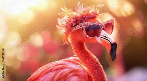A stylish flamingo struts with sunglasses amid a vibrant floral backdrop during sunset