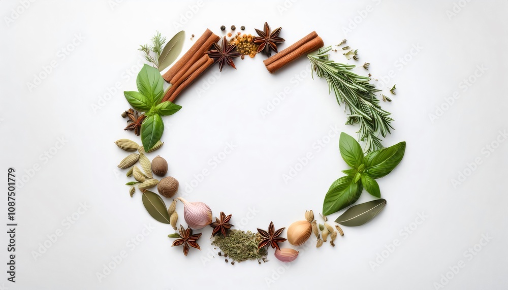 Fototapeta premium Fresh herbs and spices arranged in a circle on a white background, offering a vibrant display of culinary potential