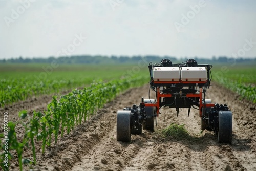 Robotic machines operate in a field, efficiently planting or tending to crops in bright sunlight, showcasing modern farming methods. Generative AI