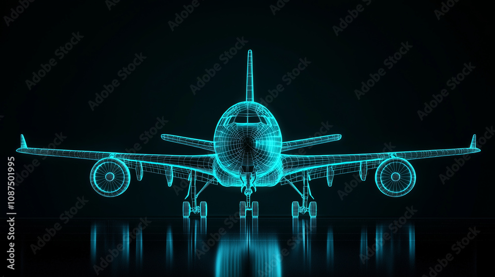 Futuristic airplane with neon blue lights on dark background Futuristic airplane with neon blue lights on dark background