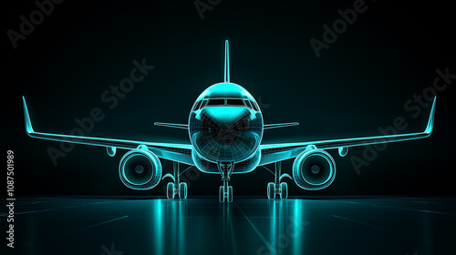 Symmetrical neon airplane illuminated with blue lights at night