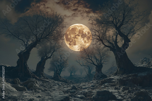 A full moon is seen through the trees in a snowy landscape