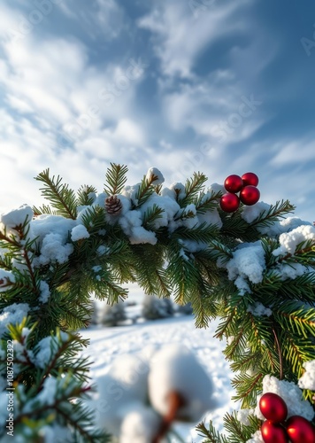 Everygreen branches on white christmas wreath decoration holiday frame photo