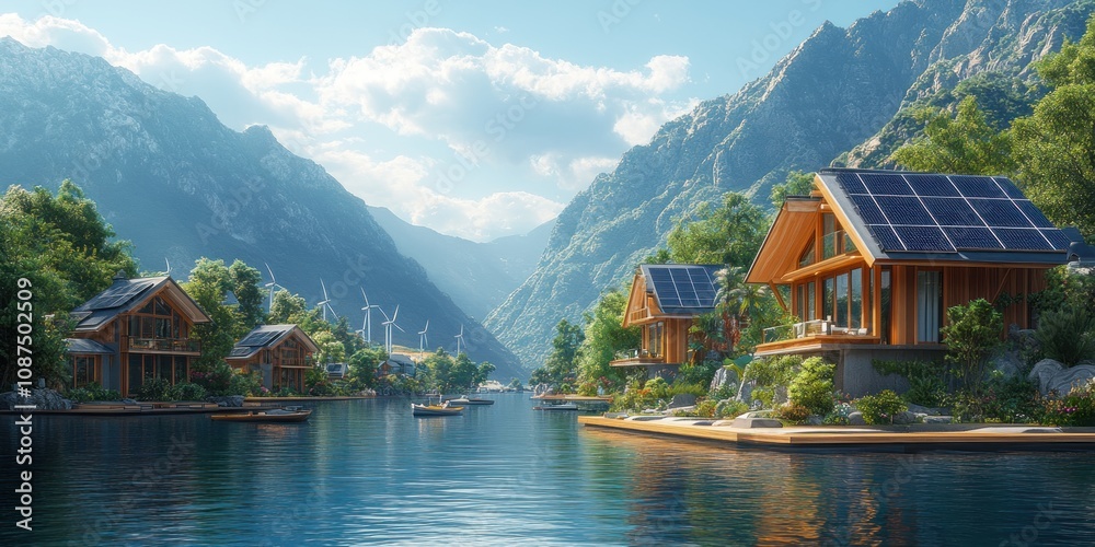 Naklejka premium Eco-friendly houses on a lake in mountains with solar panels and wind turbines.