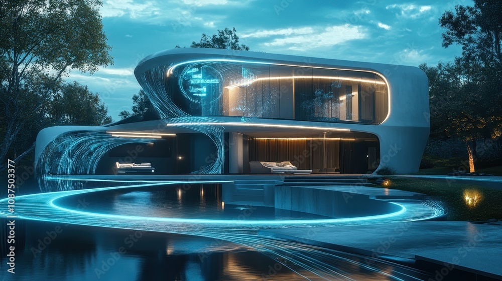 Obraz premium A futuristic home featuring sleek architecture, illuminated details, and a serene water feature, surrounded by greenery.
