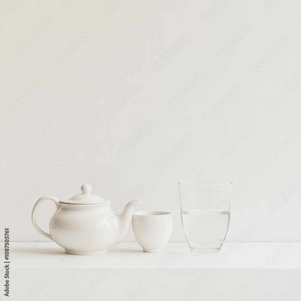 A minimalist arrangement of a teapot, cup, and glass of water on a simple background. A minimalist arrangement of a teapot, cup, and glass of water on a simple background.