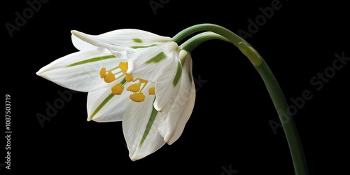 Spring snowflake, a perennial bulbous flowering plant from the Amaryllis family, showcases a single white flower with distinctive yellow or greenish marks at the tepals tips, known as Leucojum vernum. photo