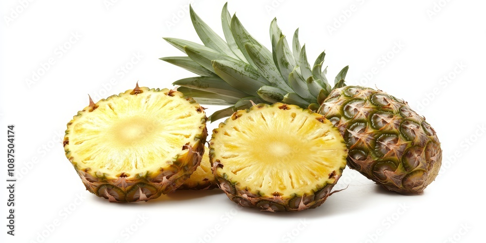 Freshly cut pineapple and slices displayed against a white background, showcasing the vibrant texture and color of the pineapple, perfect for culinary or health related imagery featuring pineapple. Freshly cut pineapple and slices displayed against a white background, showcasing the vibrant texture and color of the pineapple, perfect for culinary or health related imagery featuring pineapple.