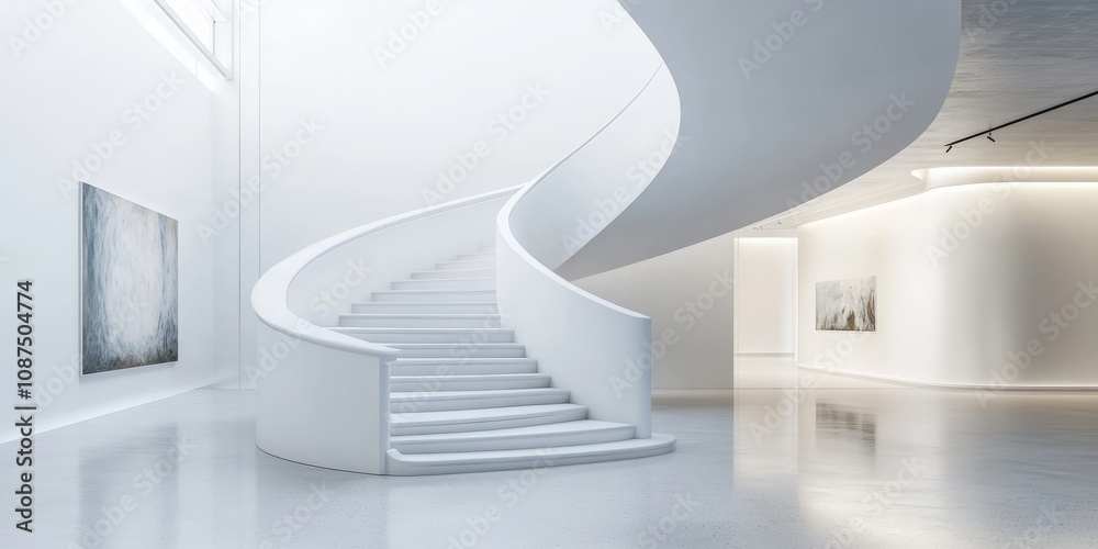 Fototapeta premium Elegant white stairs featured in an art gallery create a stunning visual. The white stairs in the art gallery enhance the artistic atmosphere and invite exploration of the displayed artwork.