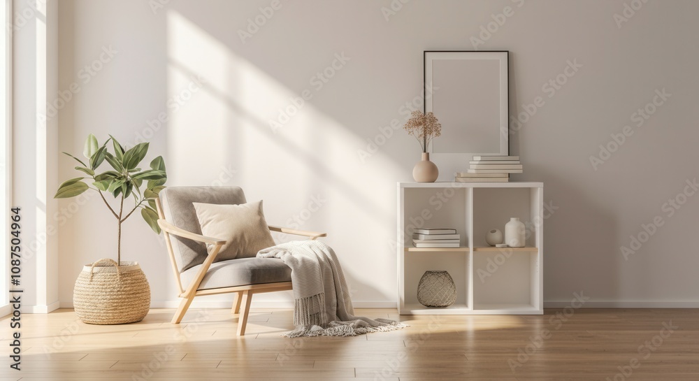 Fototapeta premium Minimalist living room interior with stylish armchair houseplants