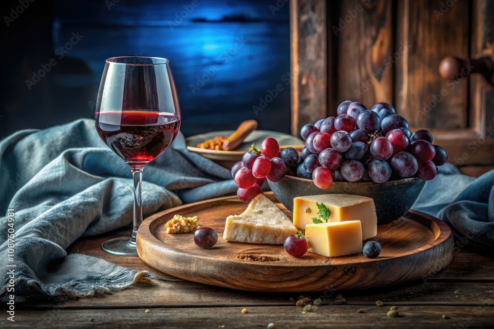 Relaxing Evening with Red Wine, Cheese, and Grapes on a Cozy Bed Relaxing Evening with Red Wine, Cheese, and Grapes on a Cozy Bed