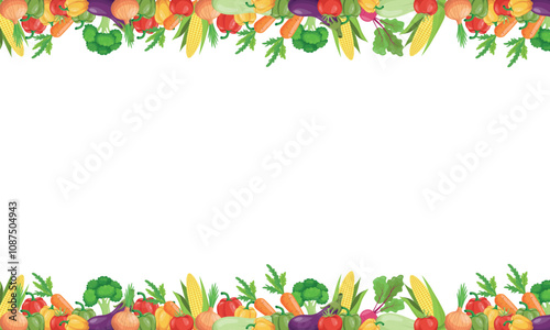 A horizontal frame bordered by fresh vegetables on a clean background with space for text, ideal for recipes, menus, or healthy lifestyle concepts. Vector illustration.