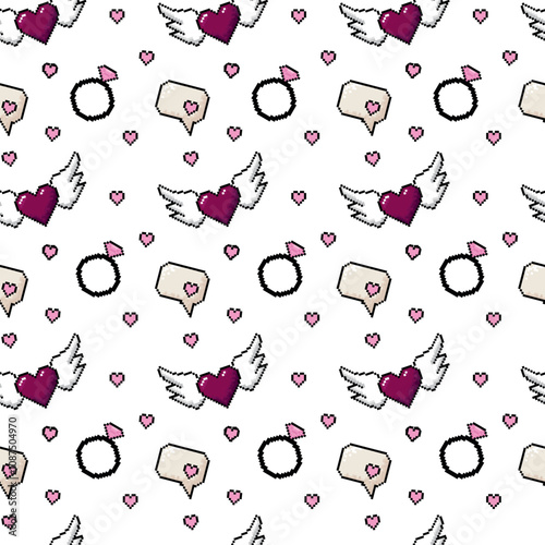 A seamless pattern featuring pixel icons and symbols of love in retro 8-bit style, perfect for Valentine's Day prints, wallpapers, or fabric. Vector illustration.